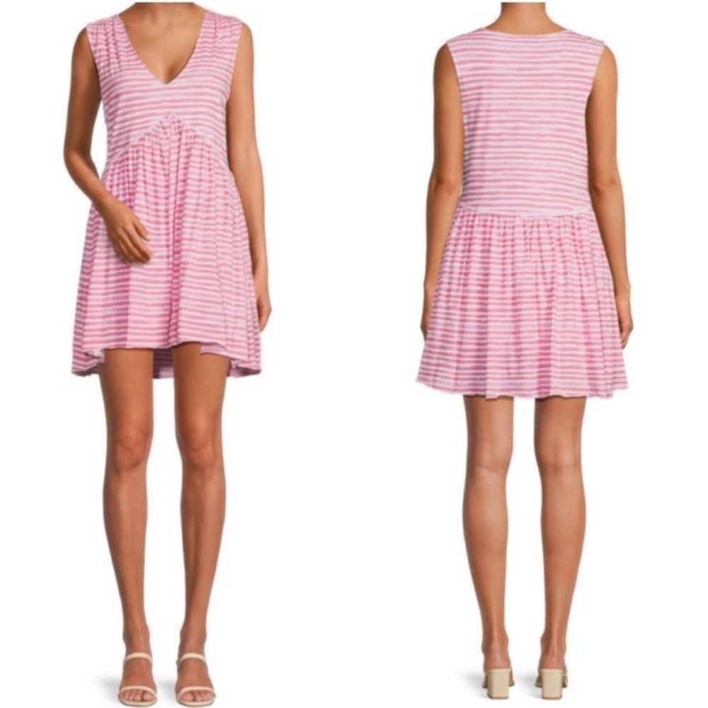 ATM Pink White Stripe Sleeveless Mini Dress NEW Medium V-Neck Summer Beach Pool